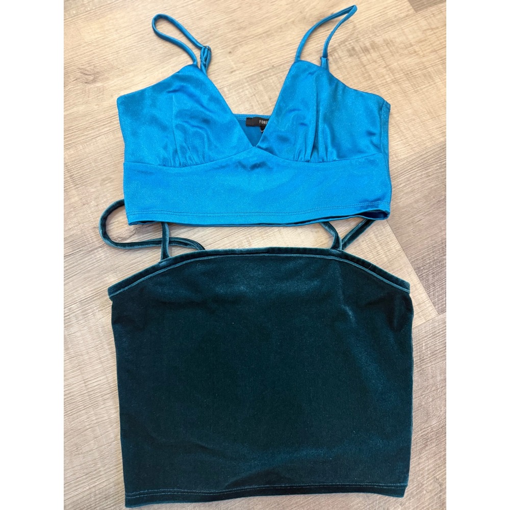 Forever 21 Teal & Blue Crop Top Bundle | Velvet + Satin | Size S